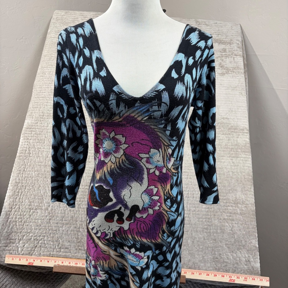Ed Hardy Christian Audigier Skull Leopard Print Knit Tunic Top Rhinestone Large